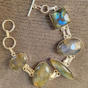 Elegant Silver Green Blue Labradorite Stone Bracelet In 925 Silver Links